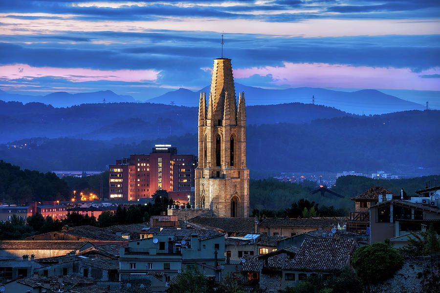 Sant Feliu Basilica Tower at Dusk in Girona Photograph by Artur Bogacki