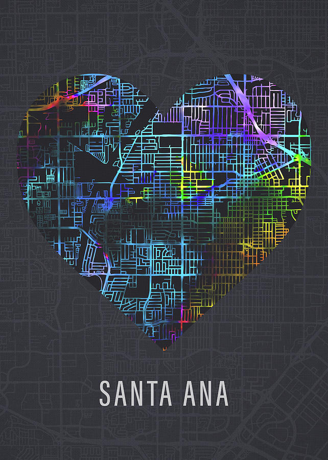 City Mixed Media - Santa Ana California City Heart Street Map Love Dark Mode by Design Turnpike