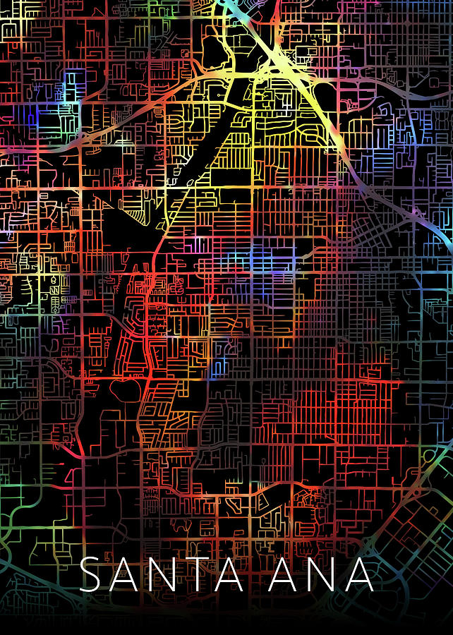 City Mixed Media - Santa Ana California Watercolor City Street Map Dark Mode by Design Turnpike