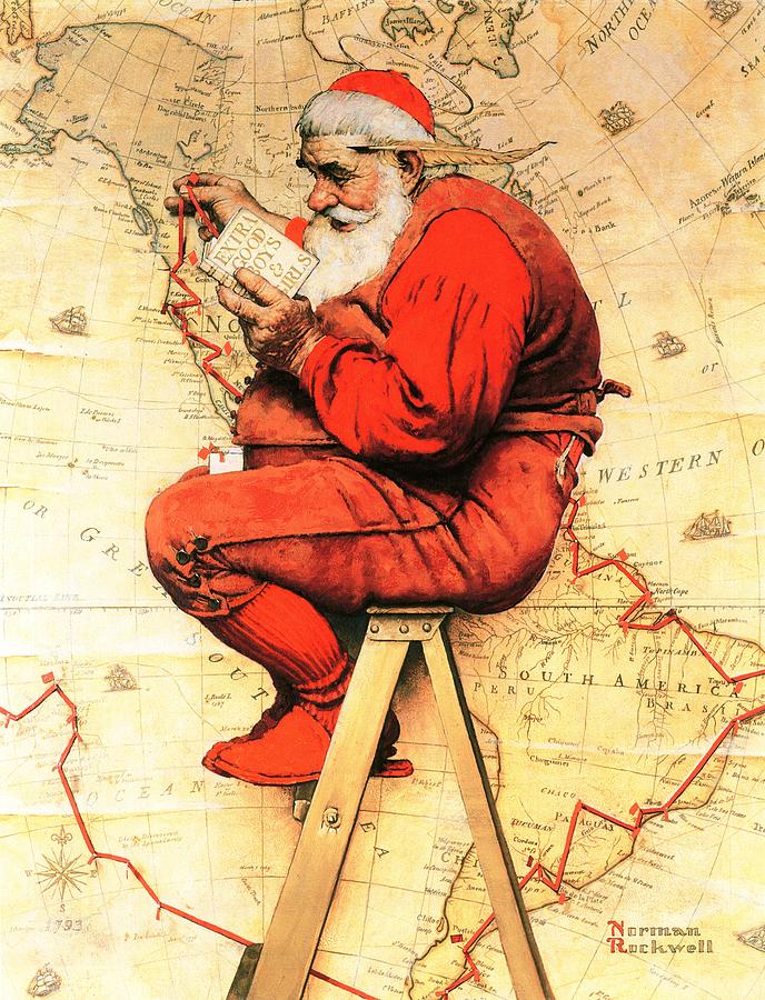 Christmas Drawing - Santa At The Map by Norman Rockwell