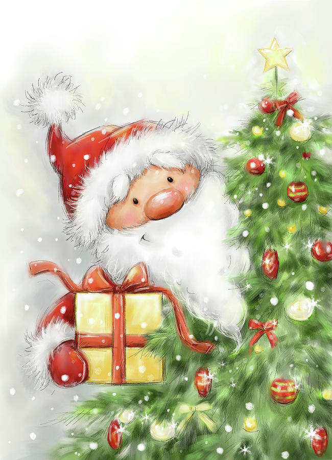 Winter Mixed Media - Santa Behind Tree by Makiko