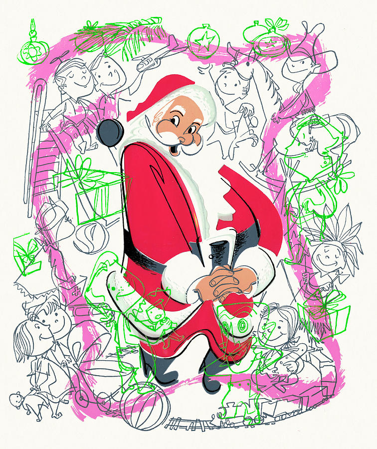 Christmas Drawing - Santa Claus and Children by CSA Images