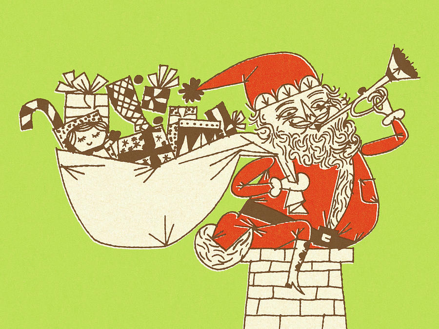 Christmas Drawing - Santa Claus Blowing a Horn by CSA Images