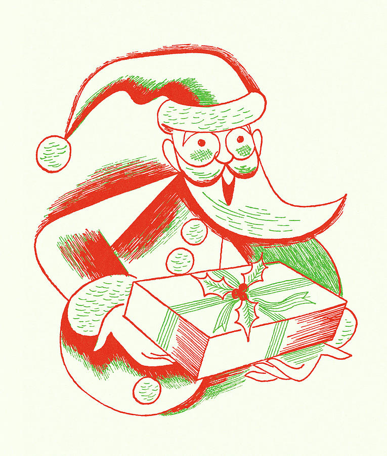 Christmas Drawing - Santa Claus Holding a Present by CSA Images