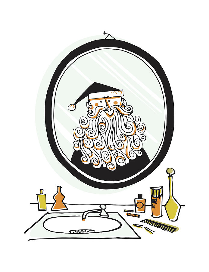 Christmas Drawing - Santa Claus looking in Bathroom Mirror by CSA Images