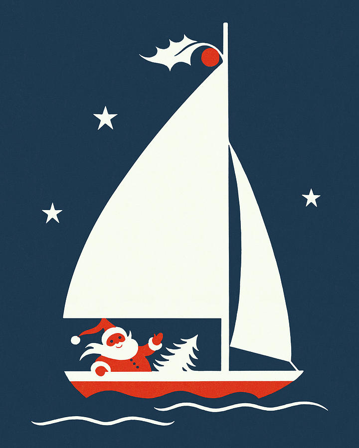 Christmas Drawing - Santa Claus on a Sailboat by CSA Images