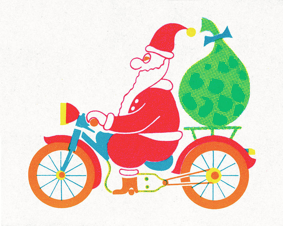 Christmas Drawing - Santa Claus Riding a Motorcycle by CSA Images