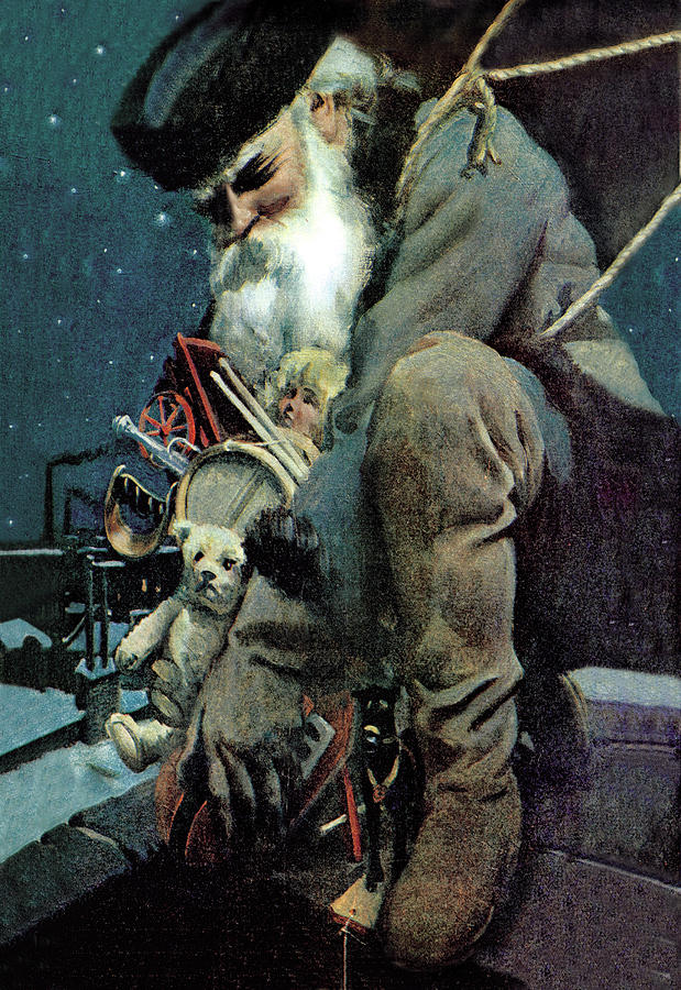 Santa Crouches on the Roof with an Armful of Toys Painting by William Balfour Ker