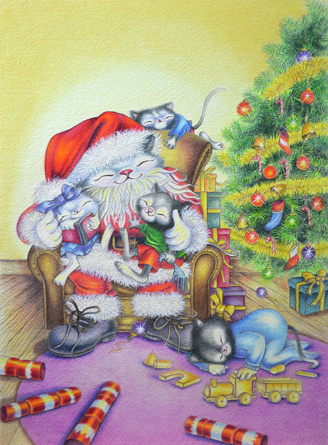 Cat Digital Art - Santa-cuddles by Cindy Wider