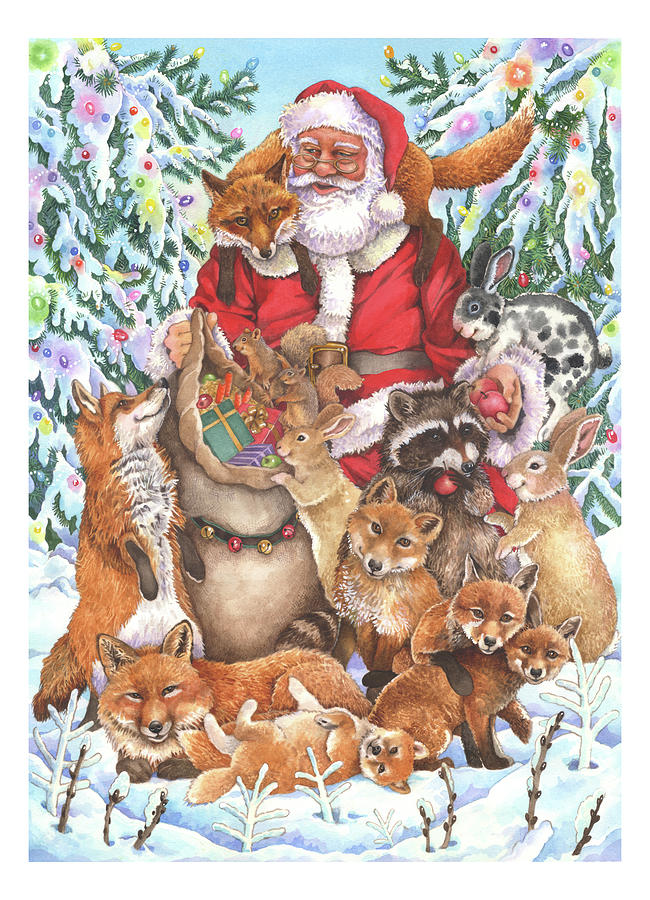 Animal Painting - Santa Foxes by Wendy Edelson