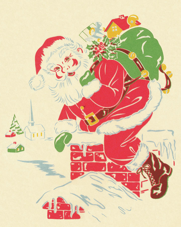 Christmas Drawing - Santa Going Down Chimney by CSA Images