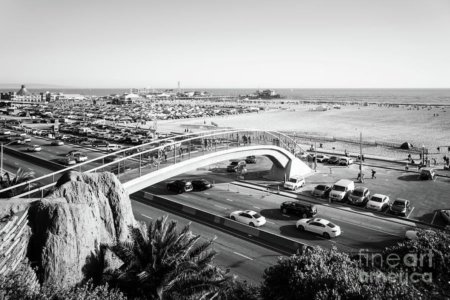 Santa Monica Photograph - Santa Monica Beach Bridge and Pier Black and White Photo by Paul Velgos