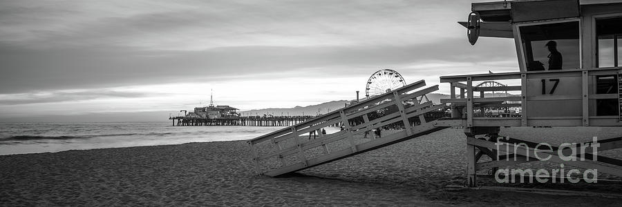 Santa Monica Photograph - Santa Monica Lifeguard Tower 17 Black and White Panorama Photo by Paul Velgos