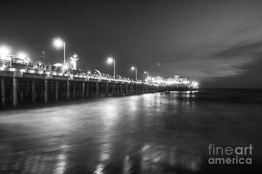 Santa Monica Pier at Night Black and White Photo Photograph by Paul Velgos