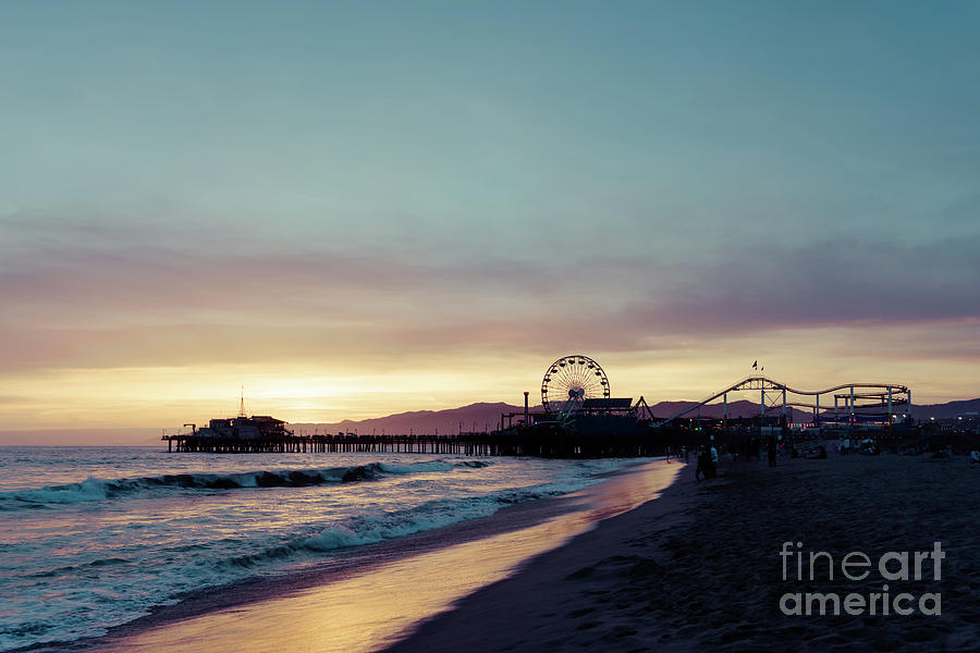 Santa Monica Pier Beach Sunset Retro Photo Photograph by Paul Velgos