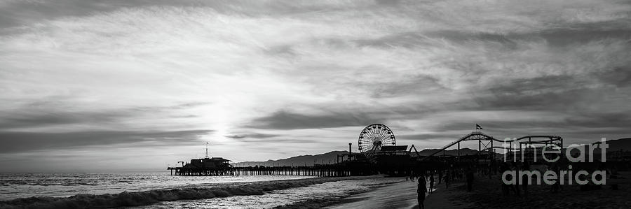 Santa Monica Photograph - Santa Monica Pier Sunset Black and White Panorama Photo by Paul Velgos