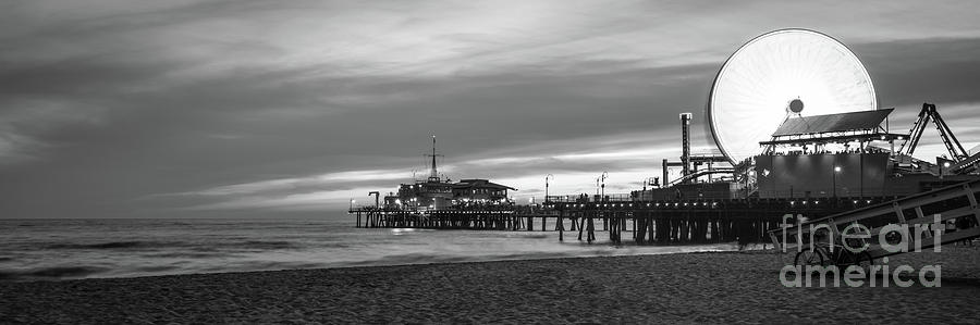 Santa Monica Photograph - Santa Monica Pier Sunset Black and White Panorama Photography by Paul Velgos