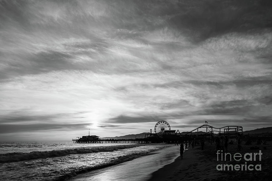 Santa Monica Pier Sunset Black and White Photo Photograph by Paul Velgos
