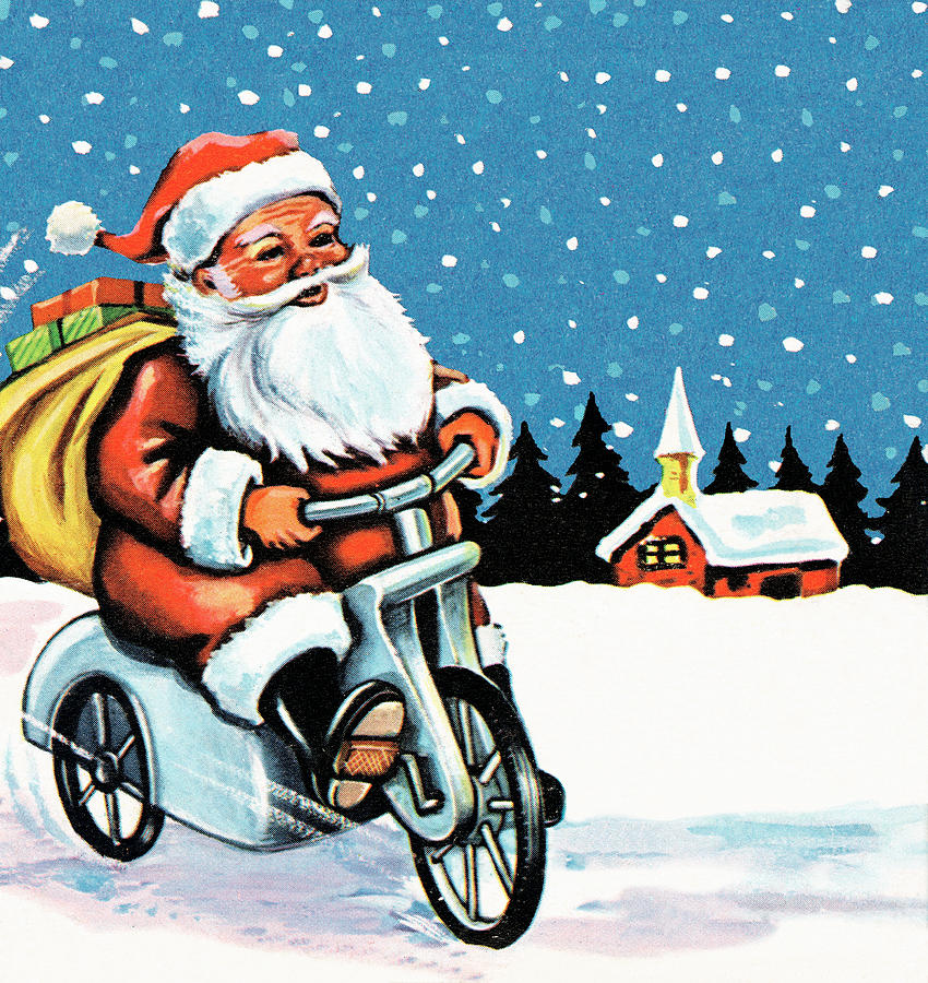 Christmas Drawing - Santa on an electric bicycle by CSA Images