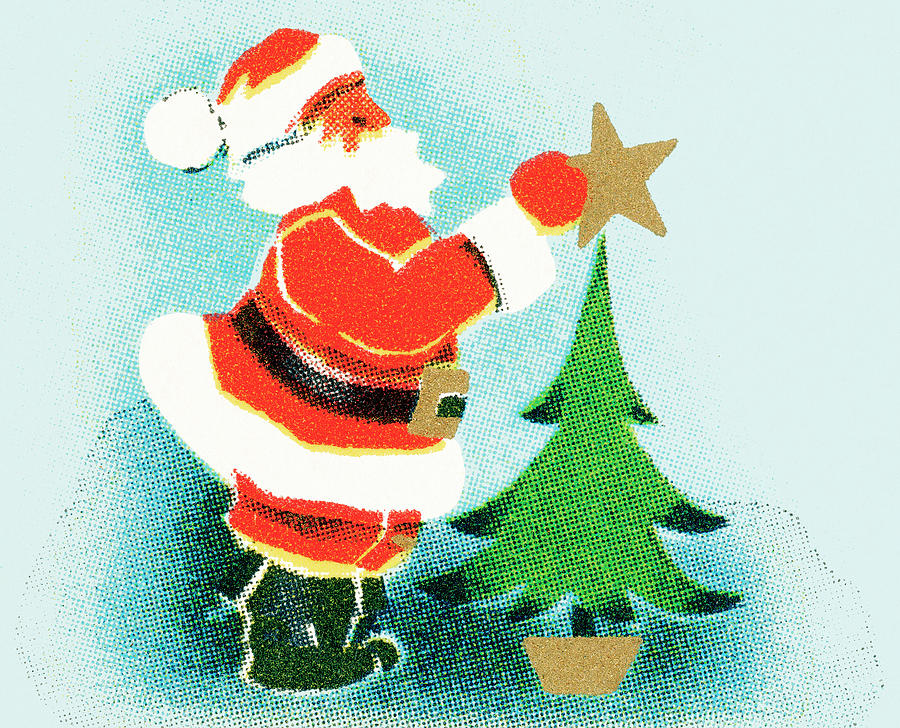 Christmas Drawing - Santa puts the star on the tree by CSA Images