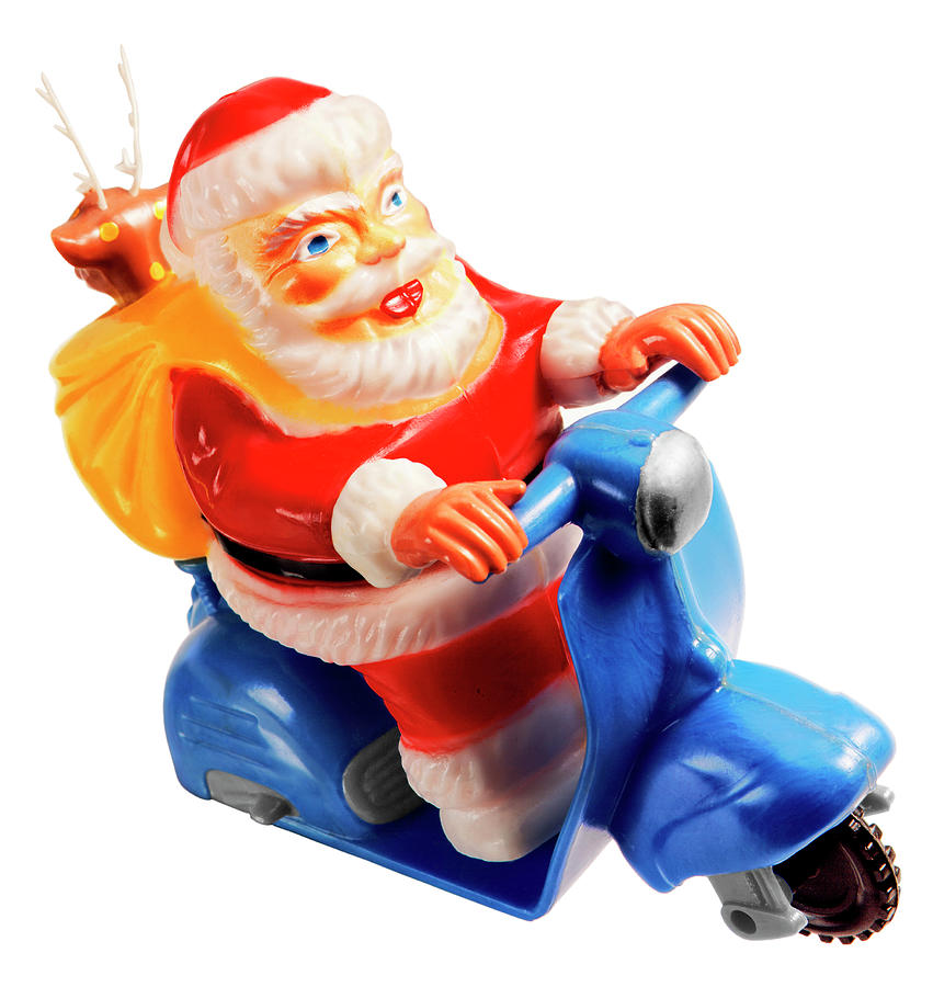 Christmas Drawing - Santa Riding Blue Scooter by CSA Images