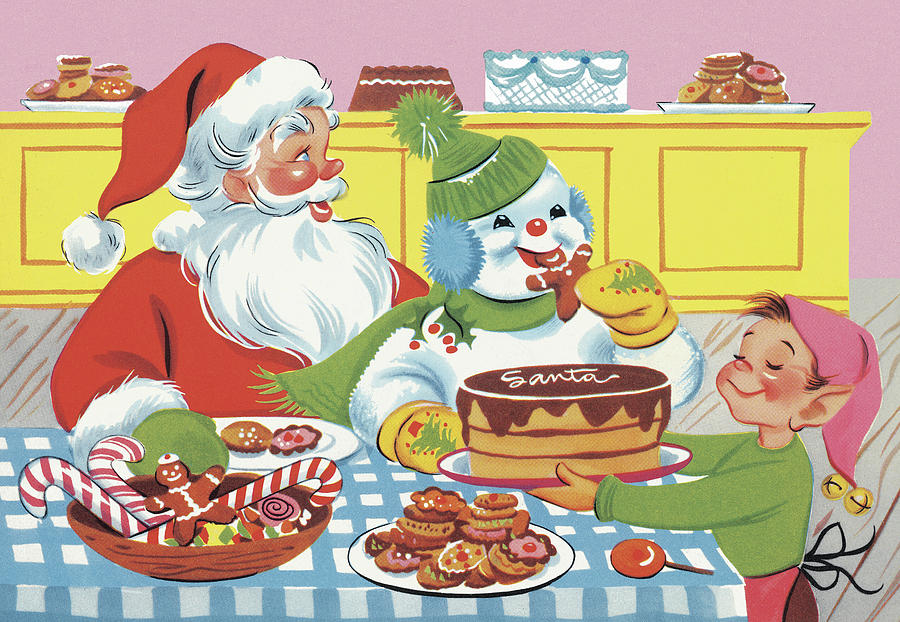 Cake Drawing - Santa, Snowman and Elf by CSA Images