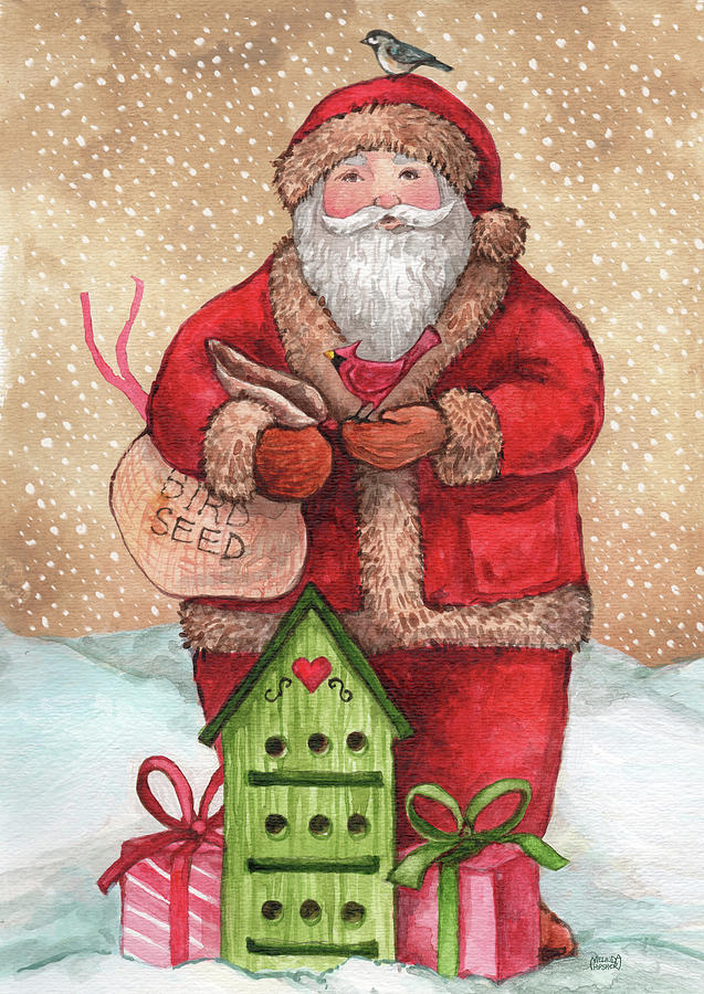 Holiday Painting - Santa With Birdhouse And Presents by Melinda Hipsher