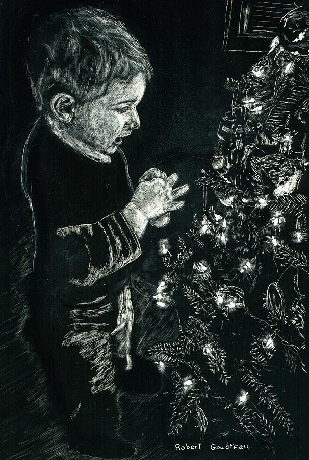 Scratchboard Drawing - Santas Helper by Robert Goudreau Scratchboard Drawing - Santas Helper by Robert Goudreau