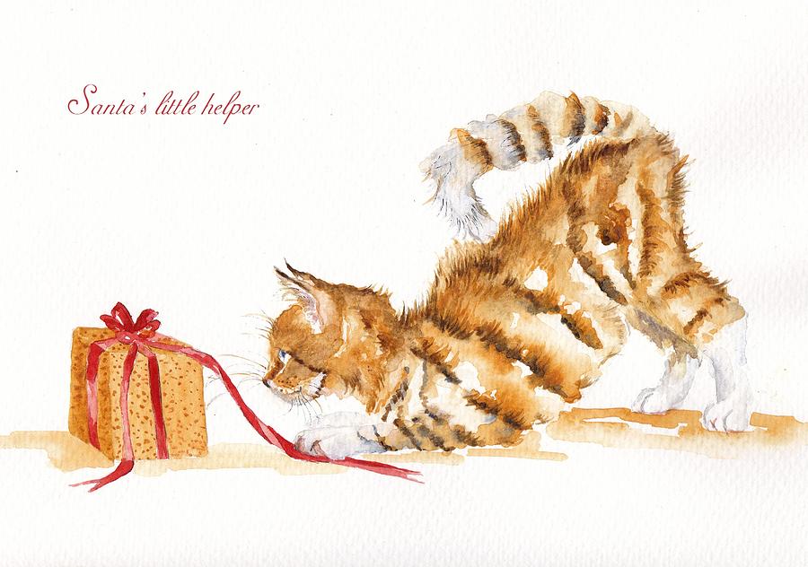 Cat Painting - Santas Little Helper - Ginger Kitten by Debra Hall