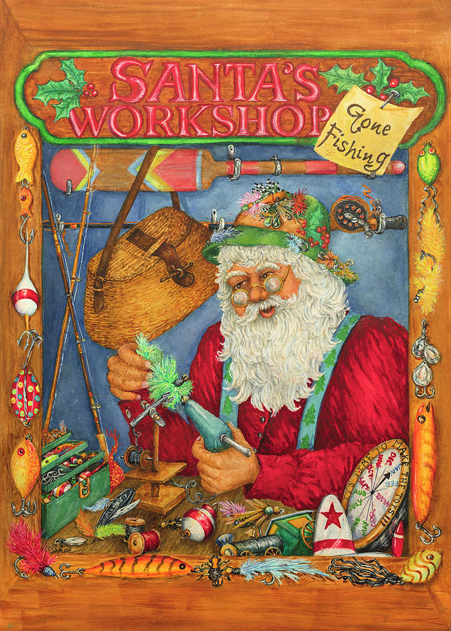 Christmas Painting - Santas Workshop - Gone Fishing by Sher Sester