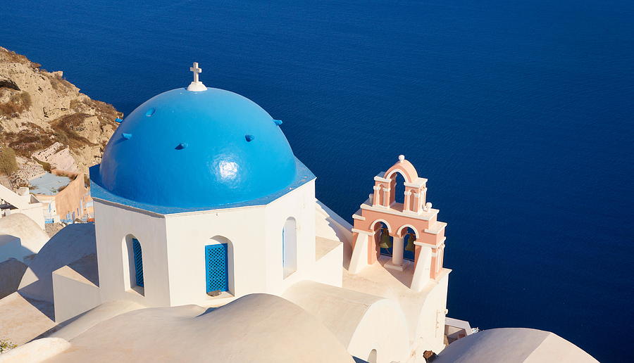 Greek Photograph - Santorini - Greek Church And Aegean Sea by Jan Wlodarczyk