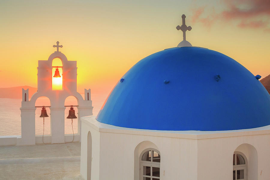 Santorini Island, Church At Sunset Digital Art by Maurizio Rellini