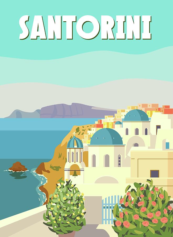 Santorini Poster Travel, Greek White Digital Art by Valerii Khadeiev