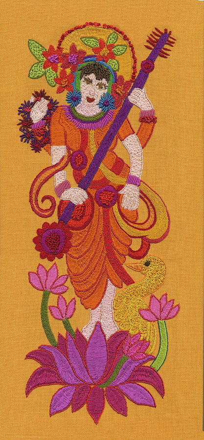 Sewing Painting - Saraswati Music Poetry by Andrea Strongwater