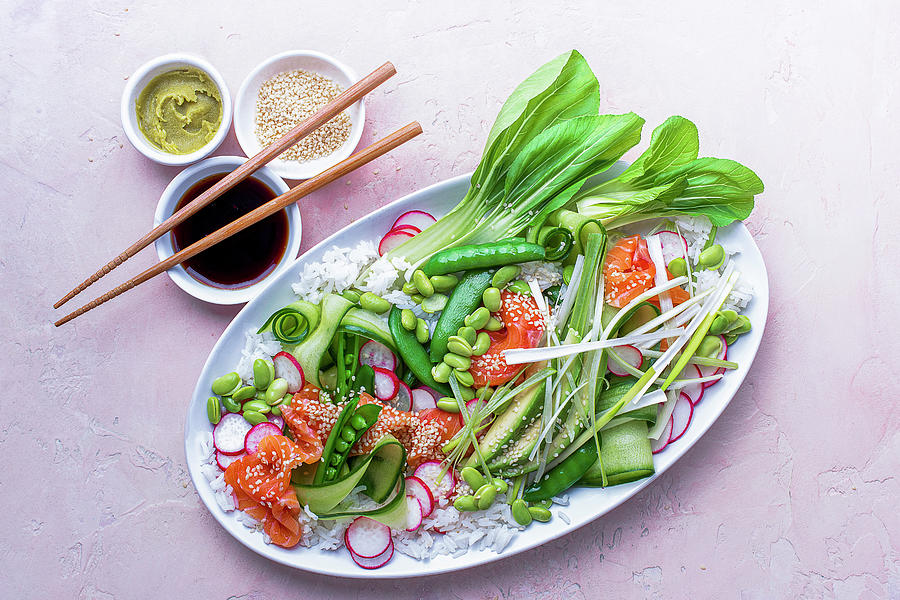 Sashimi Salmon Platter With Sticky Sushi Rice, Edame Beans, Bok Choi, Radish Slices, Cucumber Slices And Spring Onions Photograph by Magdalena Hendey Gough