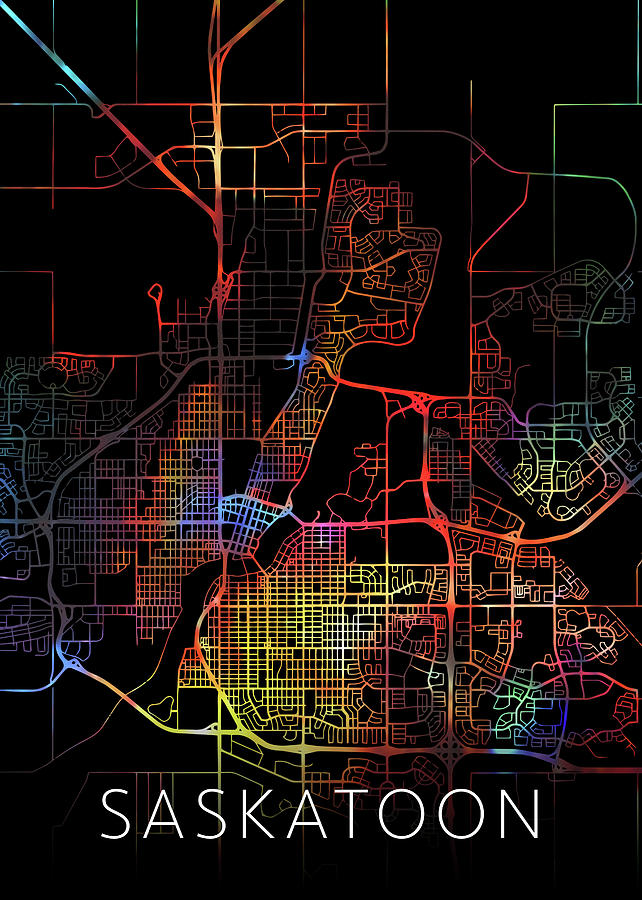 Saskatoon Saskatchewan Canada Watercolor City Street Map Dark Mode ...