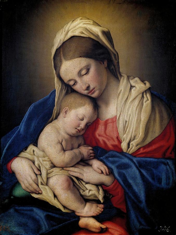 Il Sassoferrato Painting - Sassoferrato / Madonna and Child, 17th century, Italian School. CHILD JESUS. VIRGIN MARY. by Giovanni Battista Salvi da Sassoferrato -1609-1685-