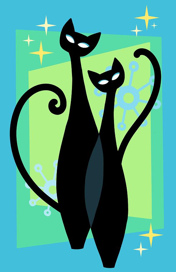 Vintage Painting - Sassy Sparkling Atomic Age Black Kitschy Cats by Little Bunny Sunshine