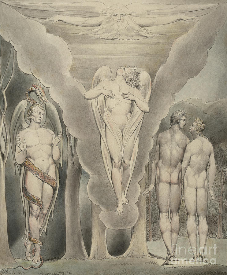Satan Spying on Adam and Eve  Painting by William Blake
