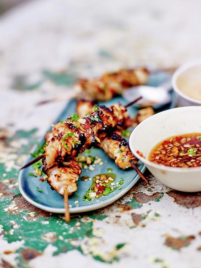 Satay Chicken Brochettes, Chili Pepper Sauce With Peanuts Photograph by Amiel