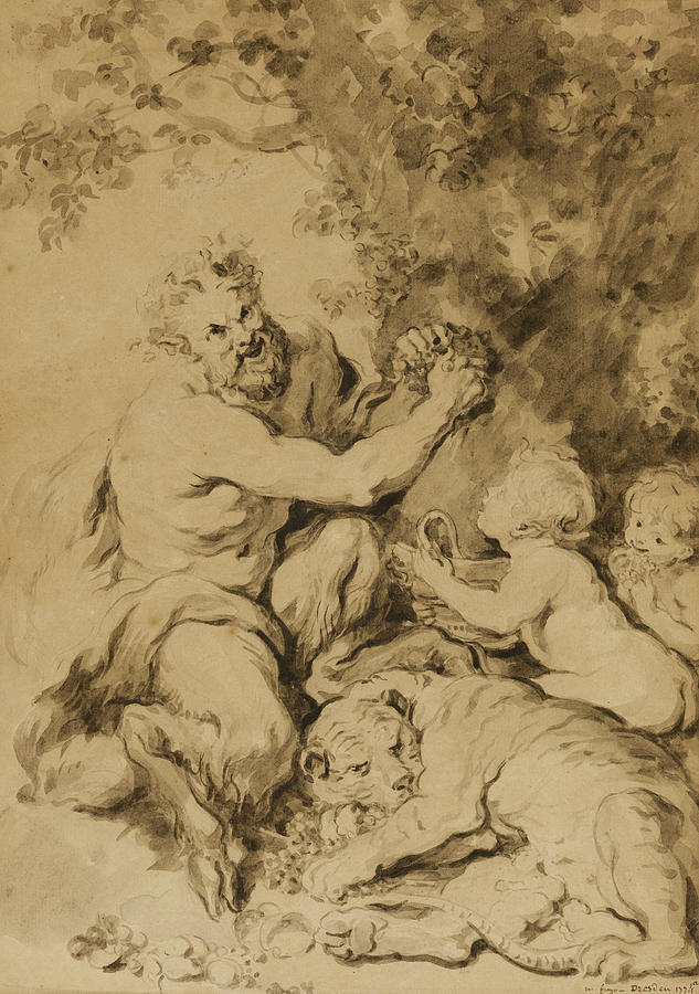 Satyr Pressing Grapes Beside a Tiger Drawing by Jean-Honore Fragonard