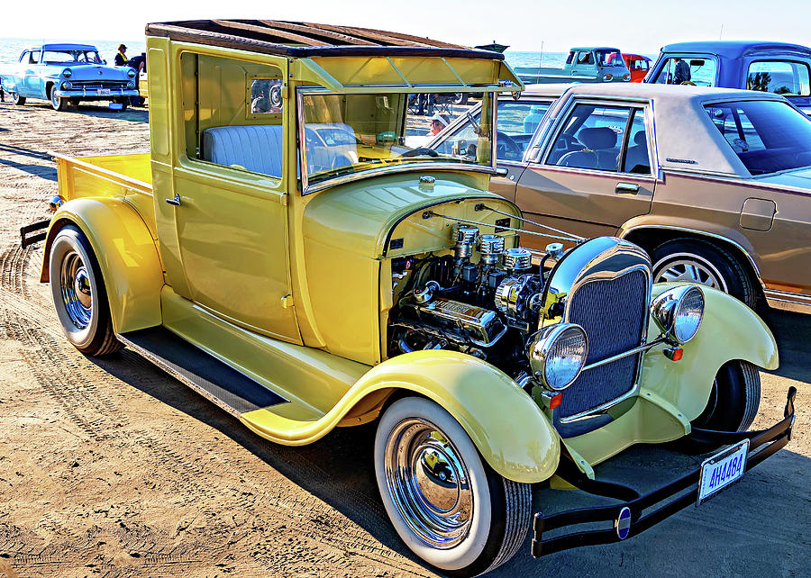 Sauble Sunset Cruisers - Yellow Ford Hotrod Photograph by Steve Harrington