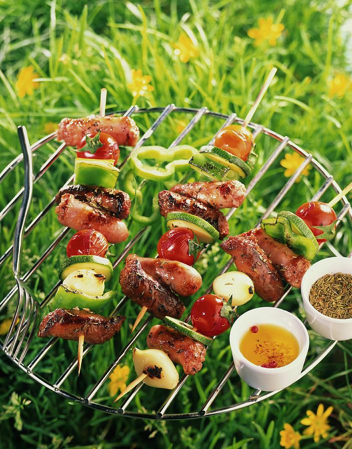 Sausage And Vegetable Skewers Photograph by Marielle