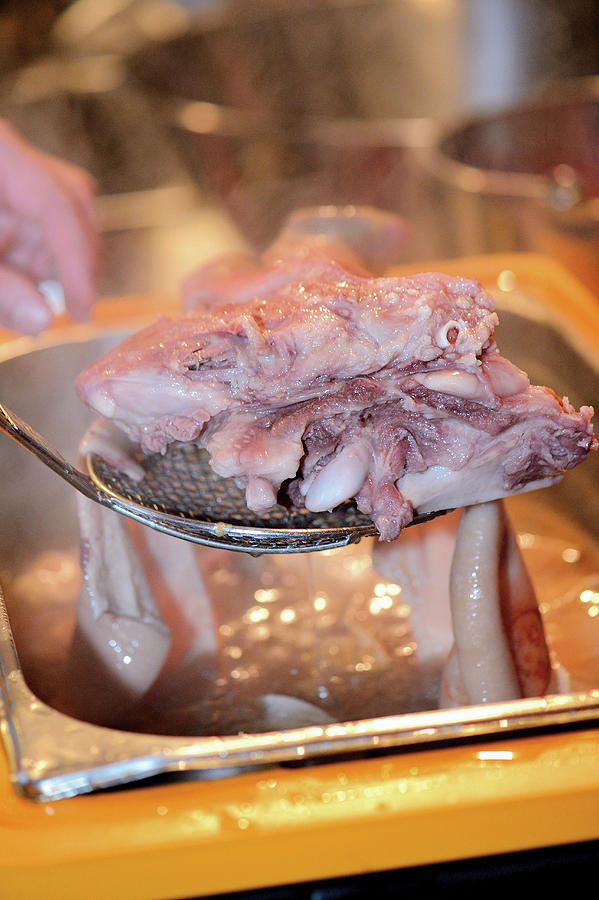 Meat Photograph - Sausages Being Made: Cooked Meat Being Removed From Broth by Torri Tre