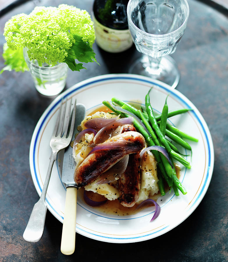 Sausages With Mashed Potatoes, Green Beans And Red Onions Photograph by Karen Thomas