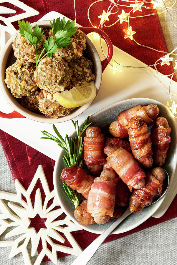 Sausages Wrapped In Bacon And Stuffing Dumplings For Christmas Photograph by Jonathan Short