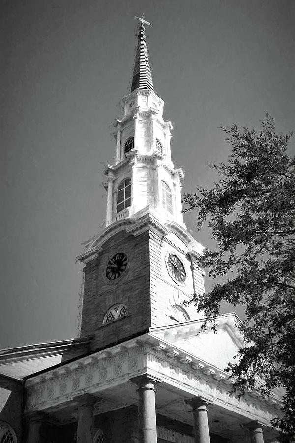 Savannah Georgia Independent Presbyterian Church Steeple In Charcoal Photograph by Carol Montoya