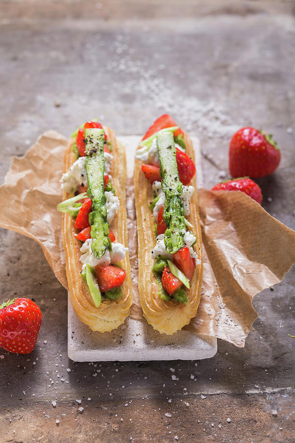 Savoury Eclairs With Asparagus And Strawberries Photograph by Eising Studio