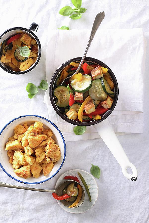 Savoury Kaiserschmarrn shredded Pancake From Austria With Sliced Courgette, Peppers, And Tofu Photograph by Zita Csig