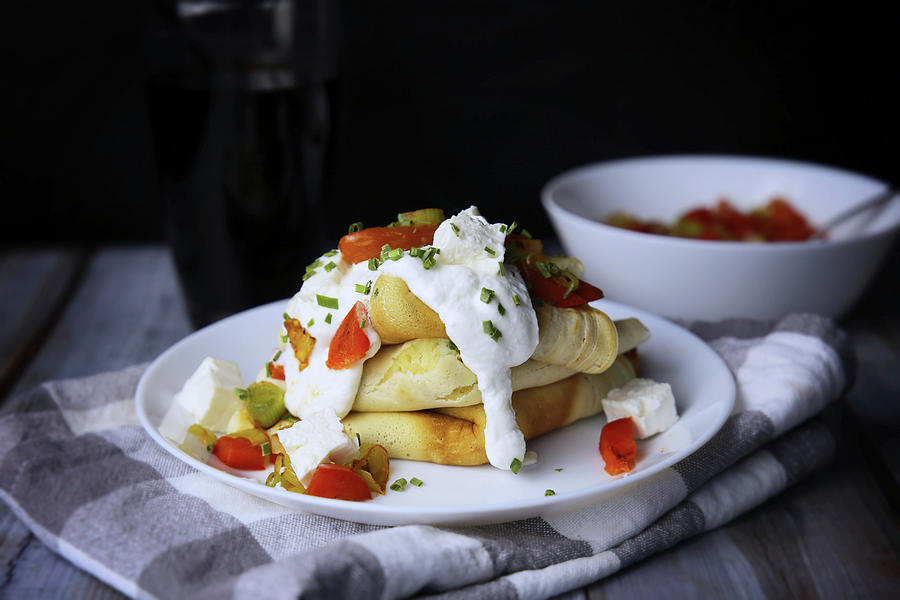 Savoury Pancakes With Vegetables And Sheeps Cream Cheese Photograph by Sarahs Foodphotos